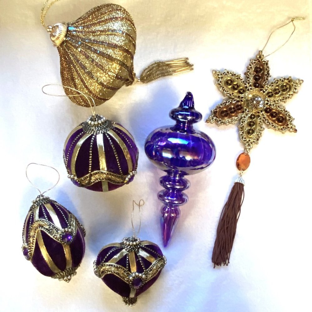 Lot of 6 Bold, Beautiful & Flashy Ornaments - 4 Purple & 2 Brown & Gold